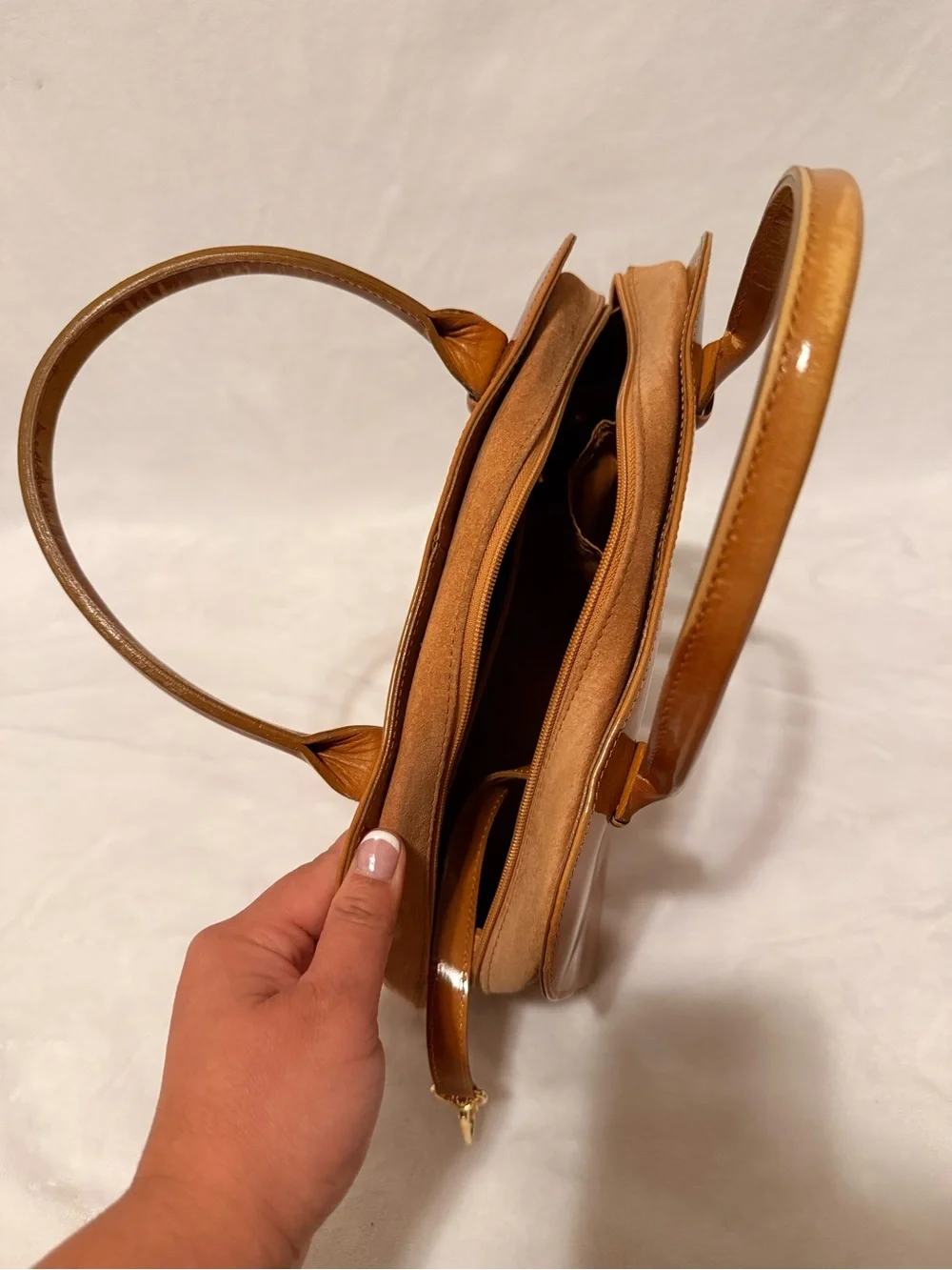 Vintage Longchamp Light Brown Patent Leather Handbag.